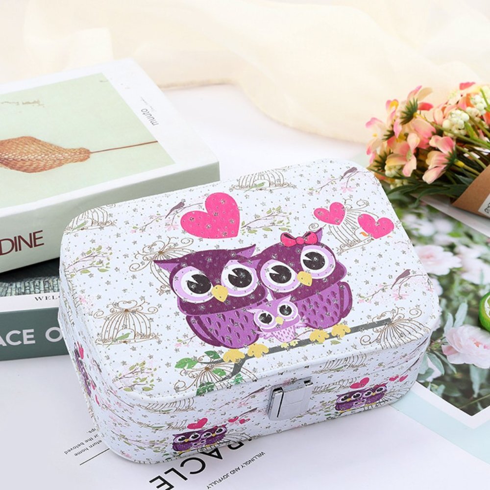 Cute Owl Family Travel Jewelry Box Organizer Case Pink Purple Hearts